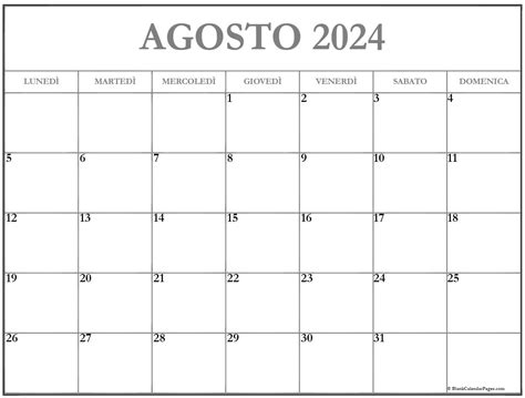 calendario di agosto 2024